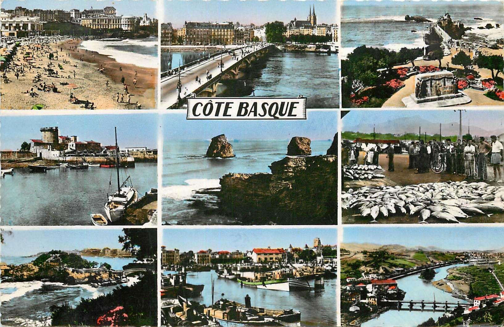 CPA Cote Basque De G a D Biarritz Bayonne La Grande Plage Le Pont Le Port et Socoa Hendaye Les Deux 