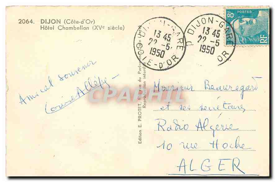 CPA Dijon Cote d'Or Hotel Chambellan  — Rückseite