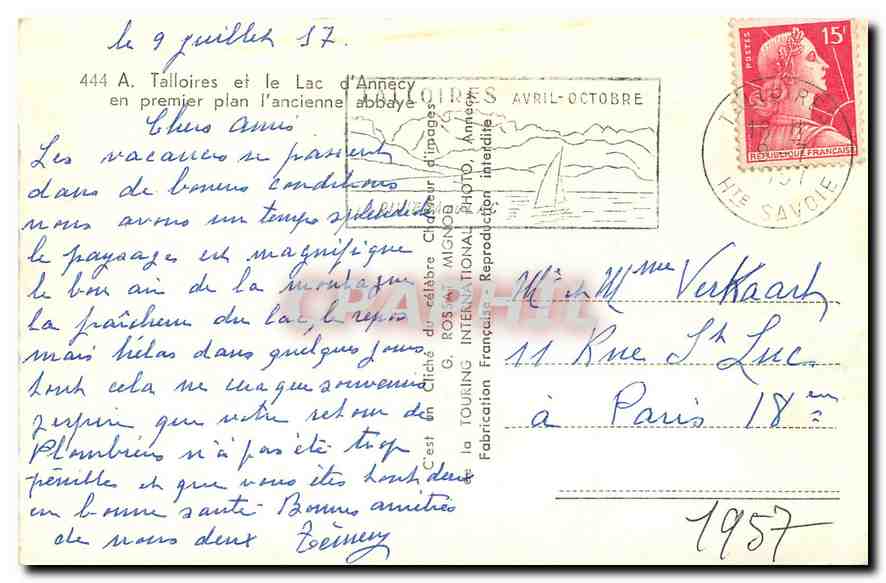 CPA Talloires et le Lac d'Annecy en premier plan l'ancienne abbaye — Rückseite