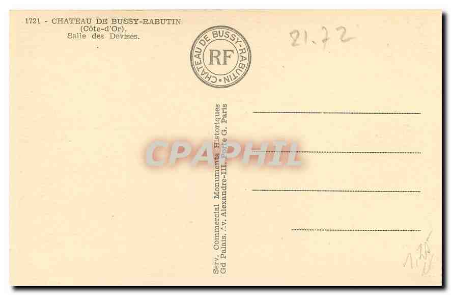 CPA Chateau de Bussy Rabutin Cote d'Or Salle des Devises Billard — Rückseite