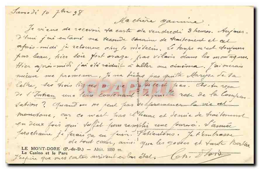 CPA Le Mont Dore P de D Le Casino et le Parc  — Rückseite