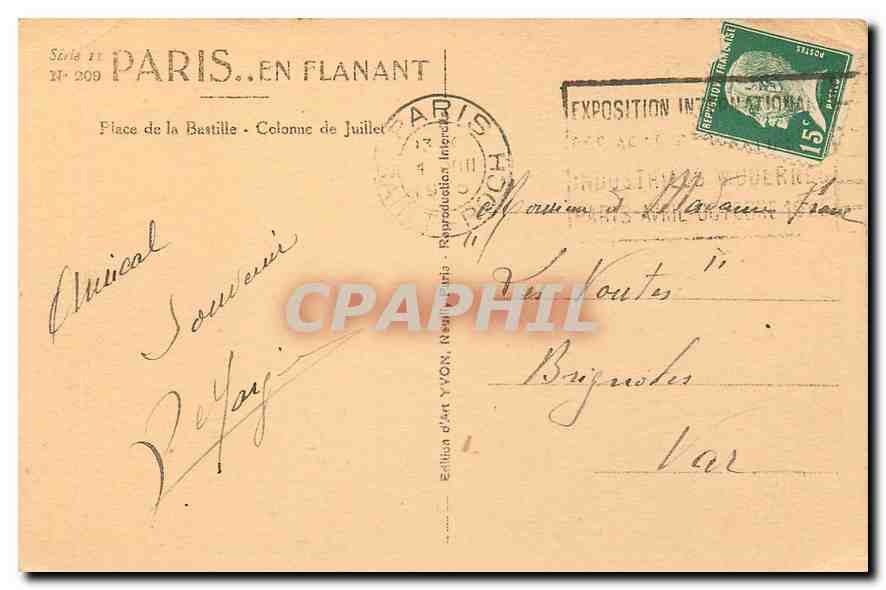 CPA Paris Place de la Beatille Colonne de Juillet  — Rückseite