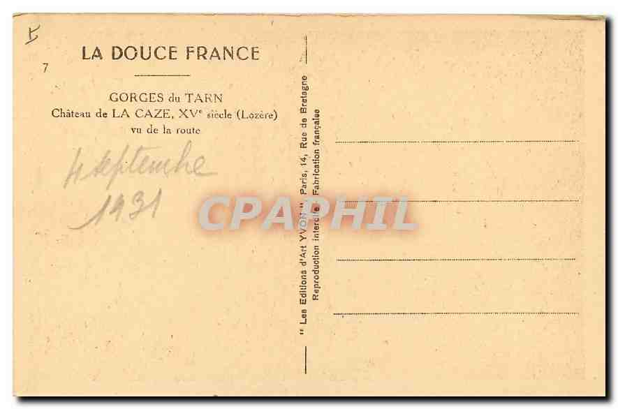 CPA La Douce France Gorges du Tarn Chateau de la Caze  — Rückseite