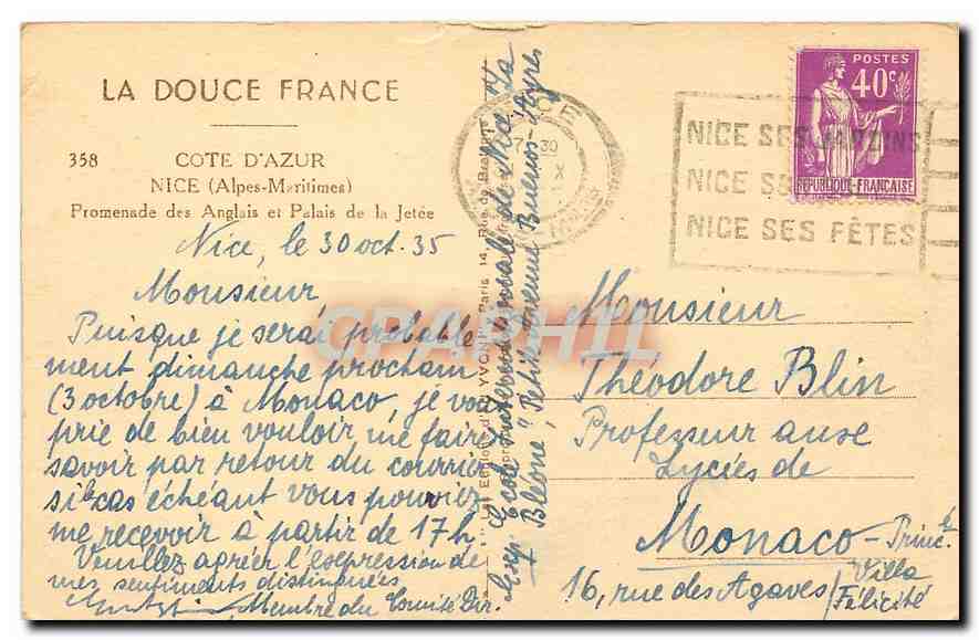 CPA Cote d'Azur Nice Alpes Maritimes Pormenade des Anglais et Palais de la Jetee  — Rückseite