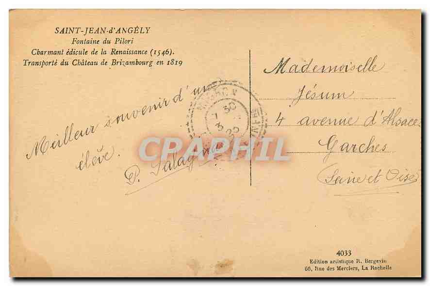 CPA Saint Jean d'Angely Fontaine du Pilori  — Back