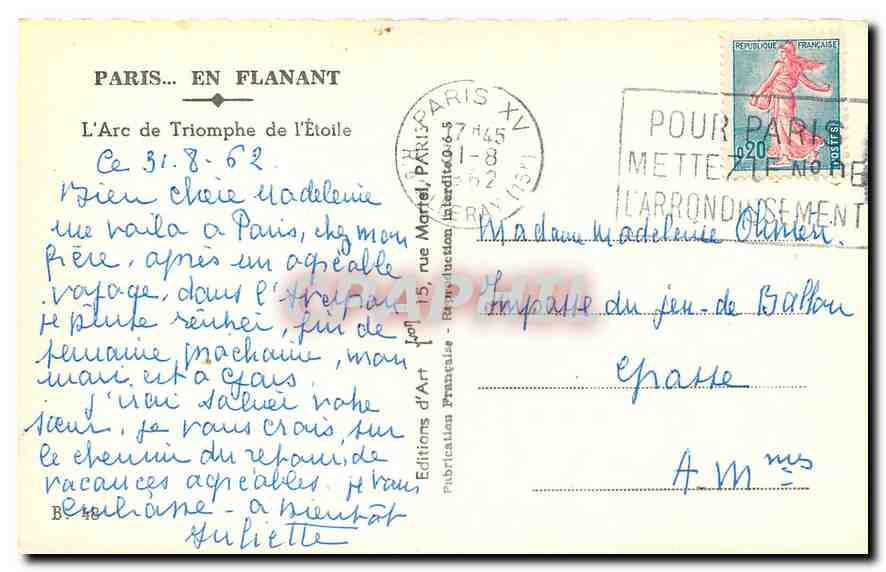 CPA Paris L'Arc de Triomphe de l'Etoile  — Rückseite