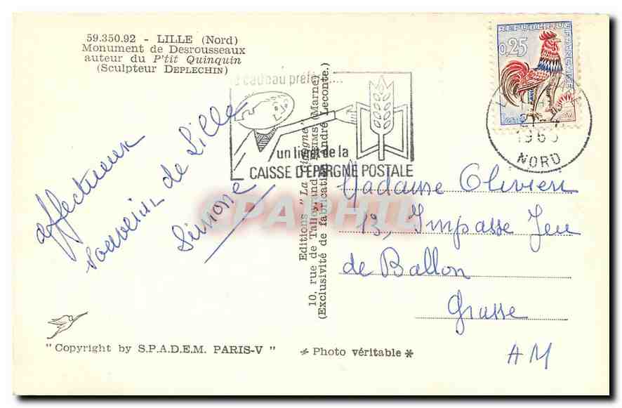 CPA Lille Nord Monument de Desrousseaux auteur du p'tit Quinquin  — Rückseite