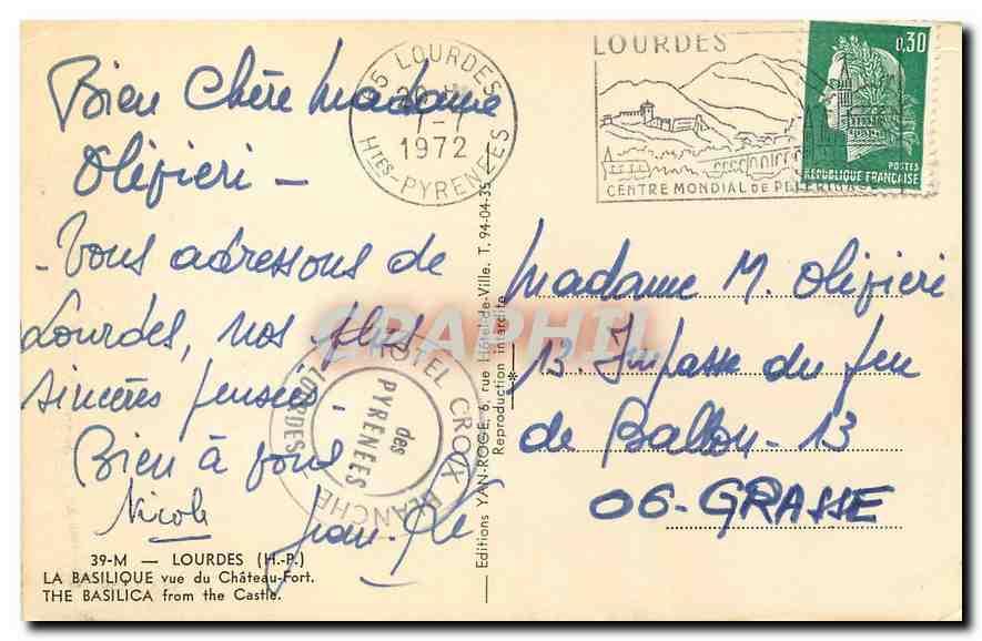 CPA Lourdes H P La Basilique vue du Chateau Fort  — Verso
