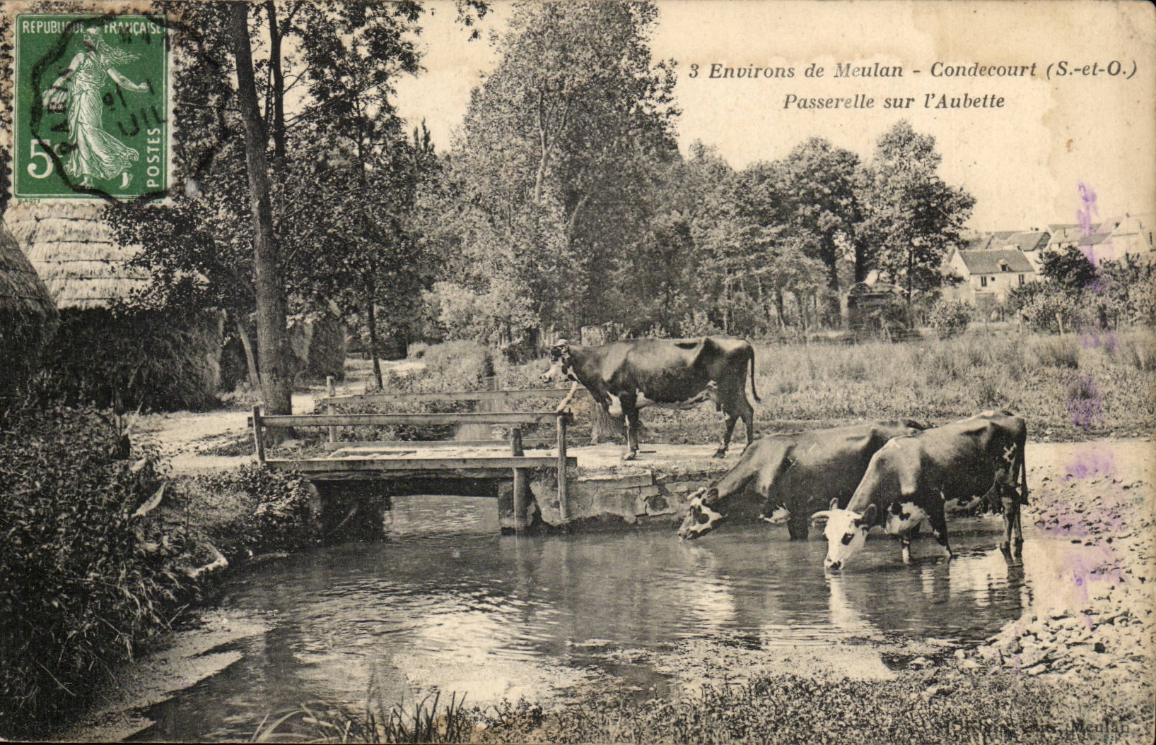 Environs de Meulan CPA Condecourt Passerelle sur l'Aubette (vaches)