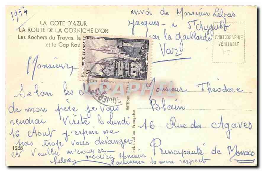 CPA La Cote d'Azur La Route de la Corniche d'or Les Rochers du Trayas  — Rückseite