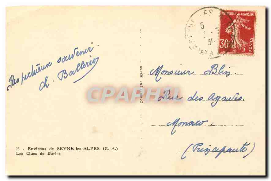 CPA Environs de Seyne les Alpes B A Les Clues de Barles  — Verso