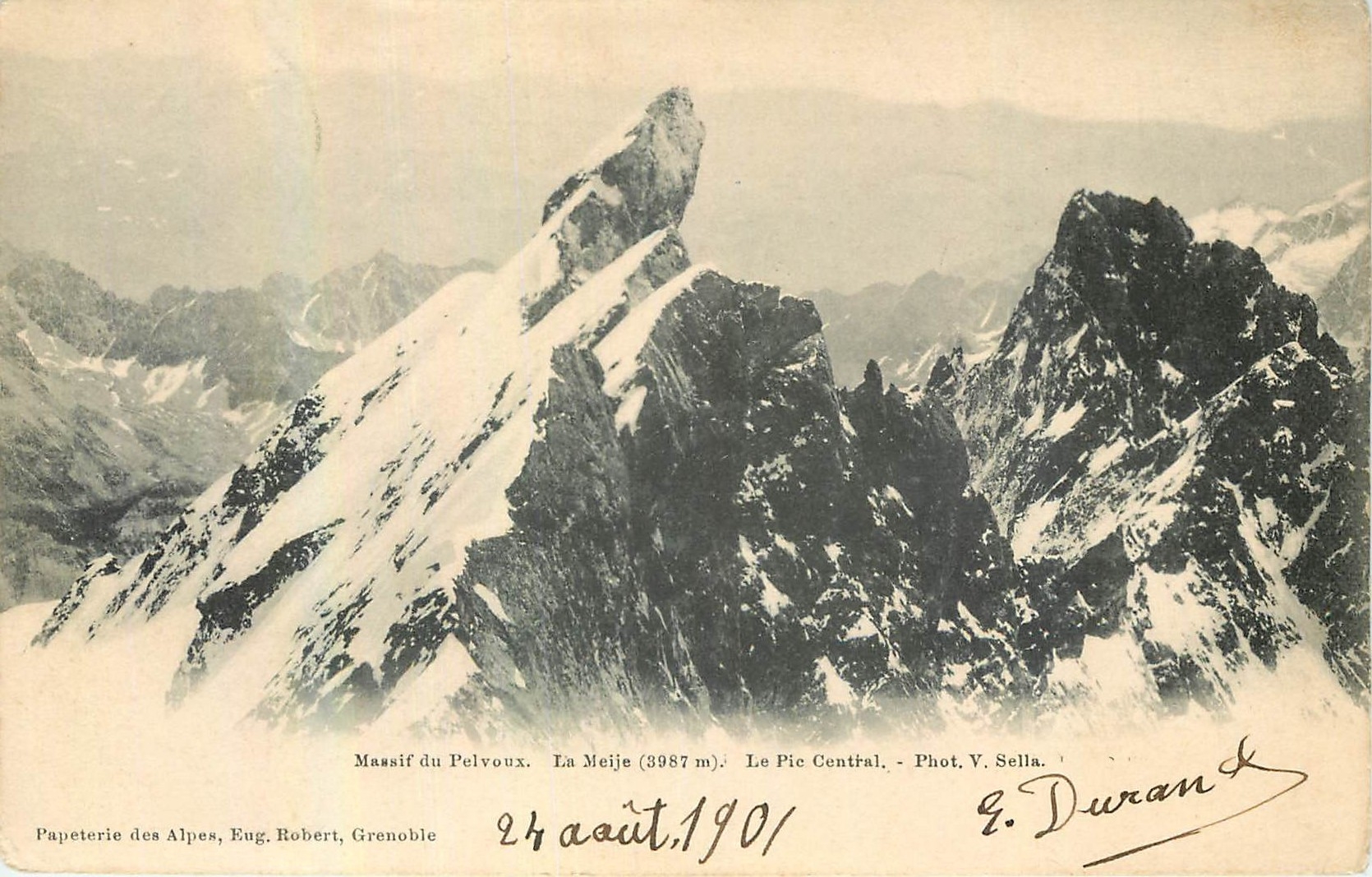 Massif du Pelvoux — La Meije (3987 m) et Le Pic Central — Phot. V. Sella, Papeterie des Alpes, Eug. Robert, Grenoble