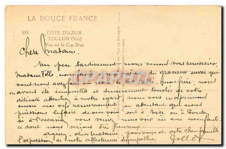 Vue sur le Cap Brun — Côte d'Azur — Toulon (Var) — éditeur La Douce France, n° 353 — Rückseite