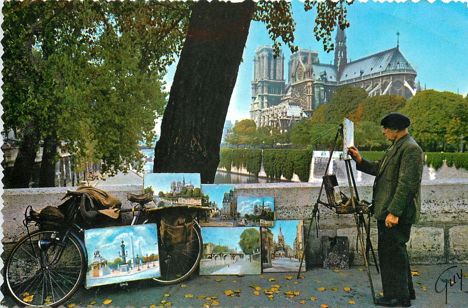 CPM Paris et ses Merveilles Peintre de la rive gauche au fond l'abside de la cathedrale Notre Dame V