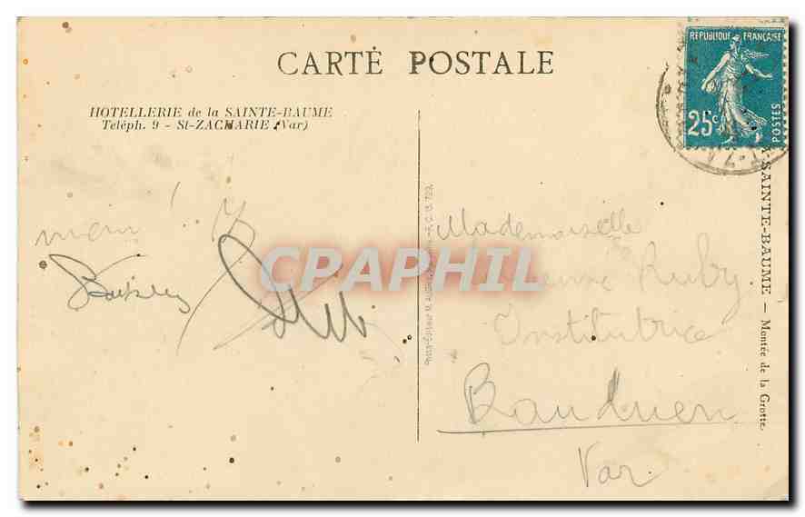 CPA Hotellerie de la Sainte Baume St Zacharie Var  — Verso