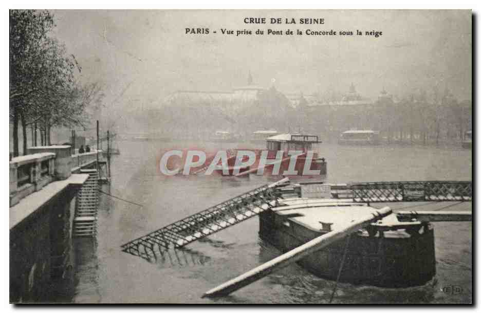 Crue de la Seine CPA Paris Inondation Vue prise du pont de la Concorde sous la neige