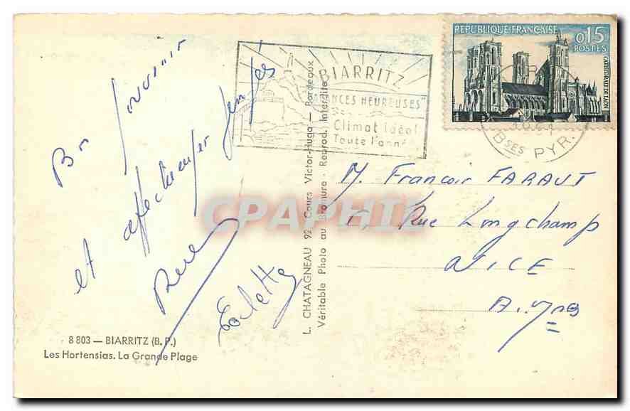 CPA Biarritz B P Les Hortensias La Grande Plage  — Verso