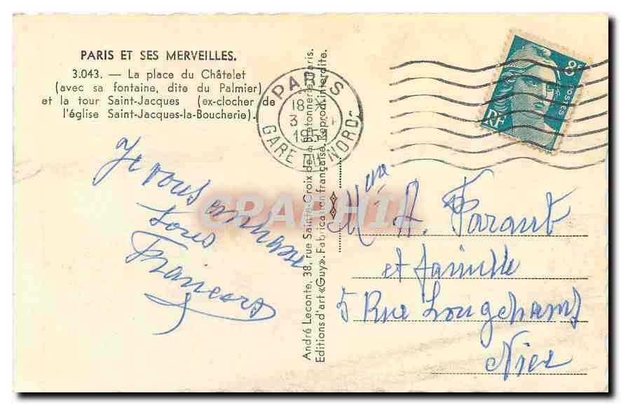 CPA Paris et ses Merveilles La place du Chatelet et la tour Saint Jacques  — Rückseite