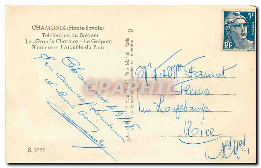 CPA Chamonix Haute Savoie Teleferique du Brevent Les Grands Charmoz Le Grepont Blatiere et l'Aiguill — Verso