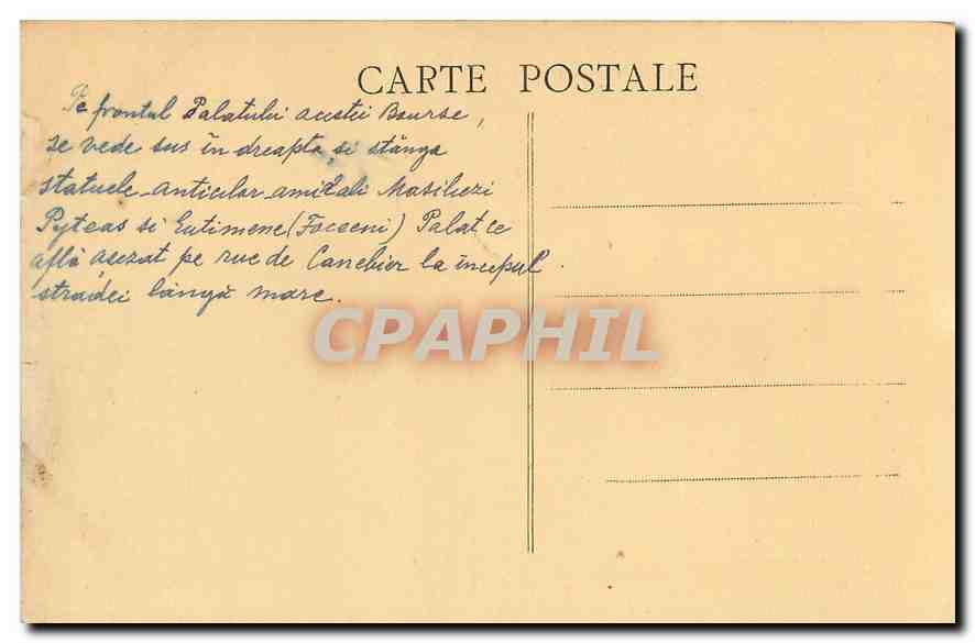 CPA Marseille Le Palais de la Bourse sur la Cannebiere  — Verso