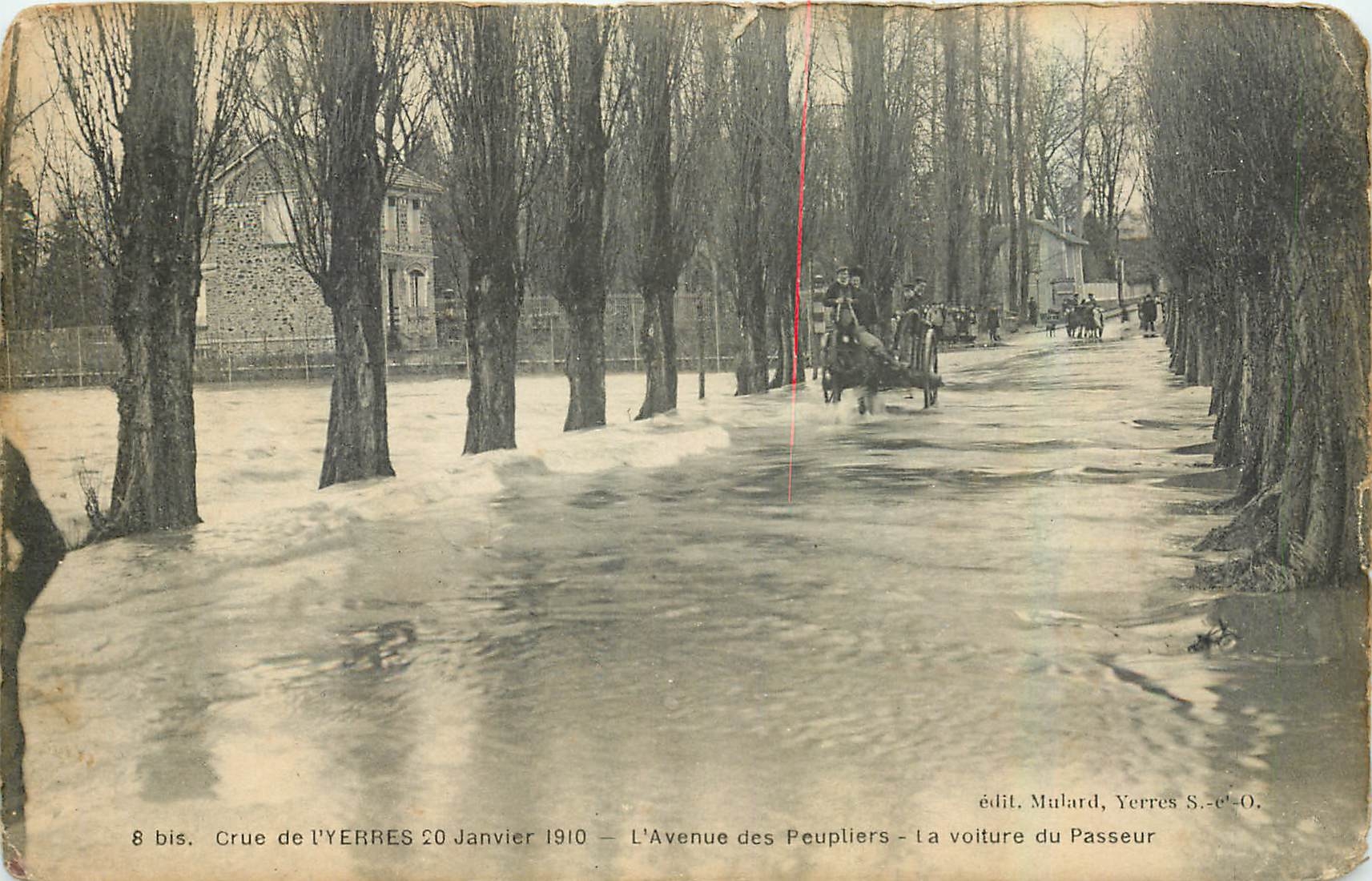 CPA Crue de l'Yerres l'Avenue des Peupliers Inondations 20 janvier 1910 La voiture du passeur