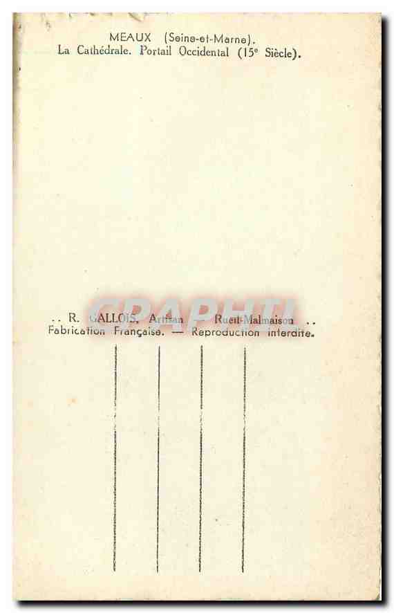 CPA Meaux Saine et Marne La cathedrale Portail Occidental  — Back
