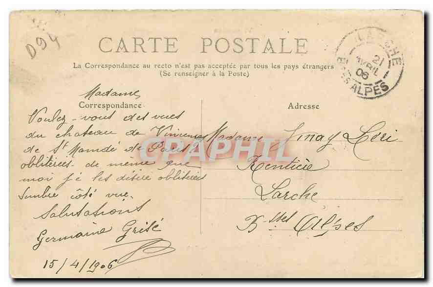 CPA Le Chateau Pavillon du Roi Casernement autel Vincennes — Rückseite