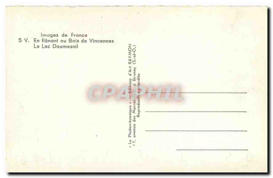 CPA Images de France En flanant au Bois de Vincennes Le Lac Daumesnil  — Rückseite