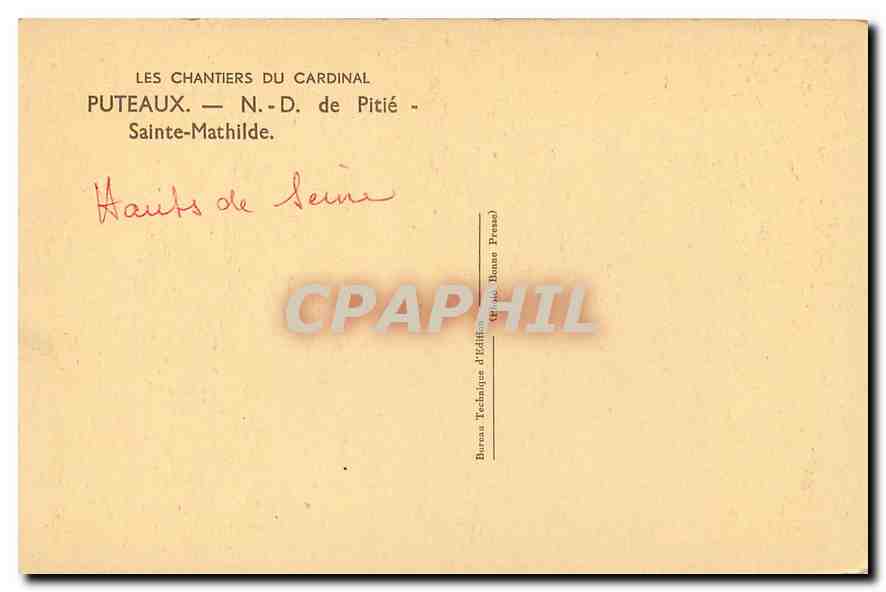 CPA Les Chantiers du Cardinal Puteaux N D de Pitie Sainte Mathilde  — Rückseite