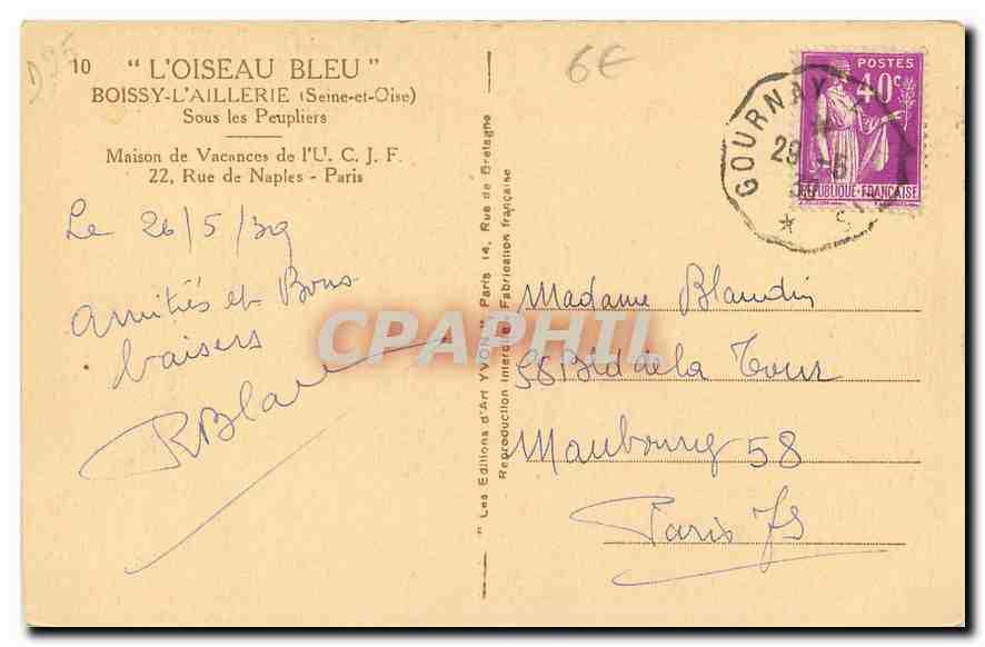 CPA l'Oiseau Bleu Bissy l'Aillerie Seine et Oise Sous les Peupliers Maison de Vacances de l'UCJF Rue — Back