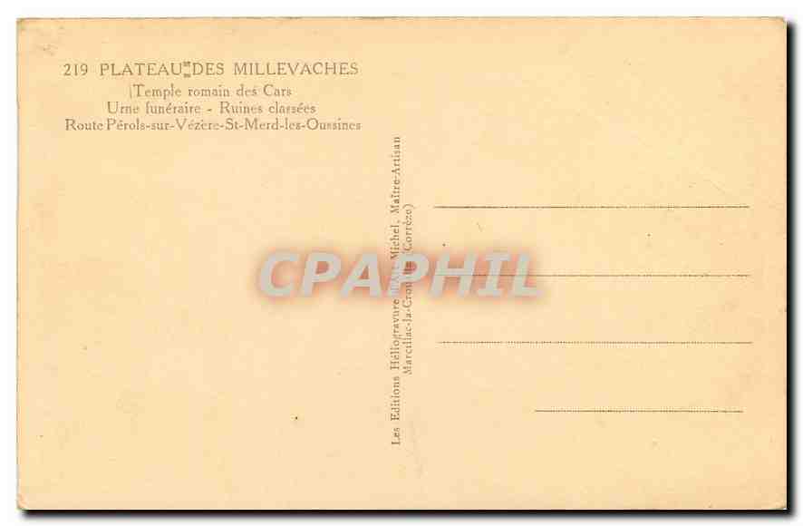 CPA Plateau des Millevaches Temple romain des Cars Urne funeraire Ruines classees Route Perols sur V — Rückseite