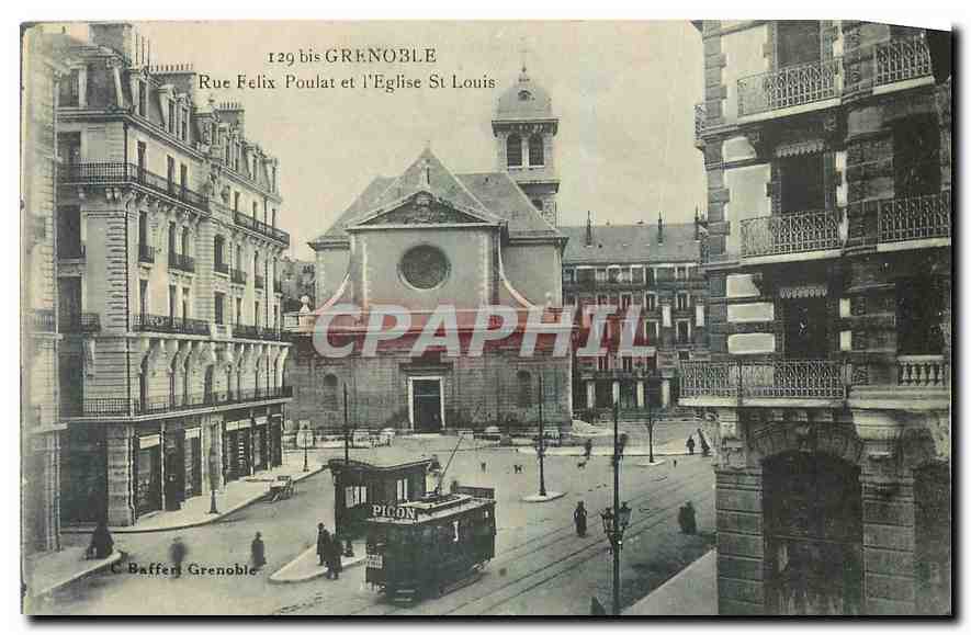 CPA Grenoble Rue Felix Poulat et l'Eglise St Louis Tramway