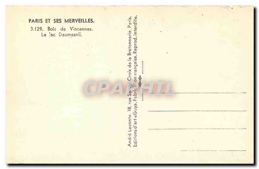 CPA Paris et ses Merveilles Bois de Vincennes Le Lac Daumesnil  — Rückseite