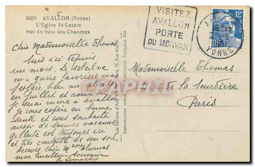 CPA Avallon Yonne L'Eglise St Lazare vue du bois des Chaumes — Back