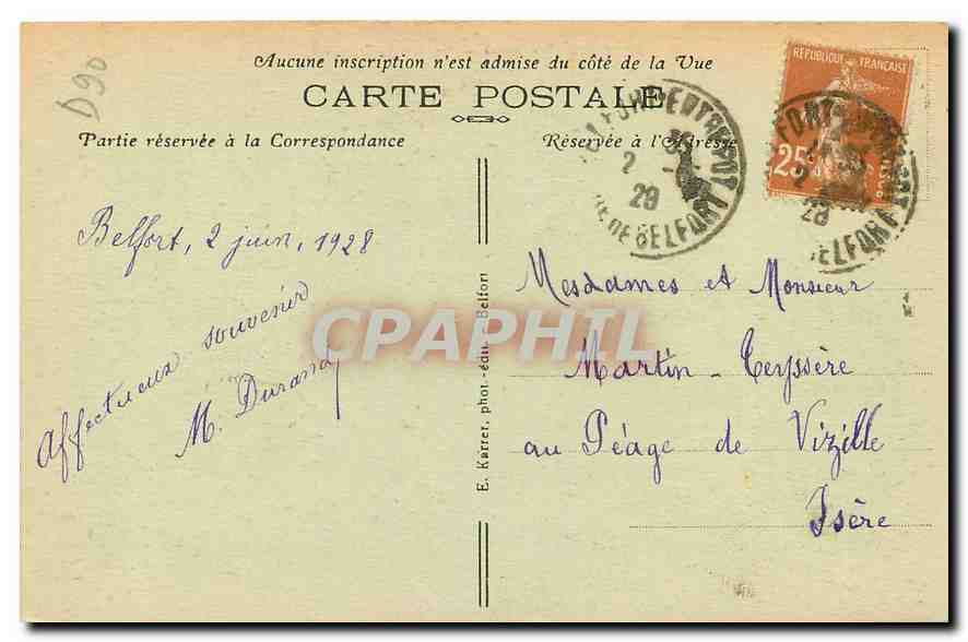 CPA Belfort Territoire Square du Souvenir  — Verso