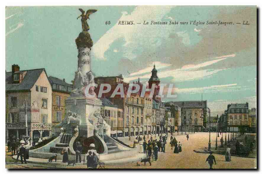CPA Reims La Fontaine Sube vers l'Eglise Saint Jacques Comptoir de la Comete