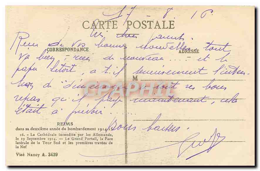 CPA Reims dans sa deuxieme annee de bombardement La cathedrale incendiee par les Allemands Le Grand  — Verso