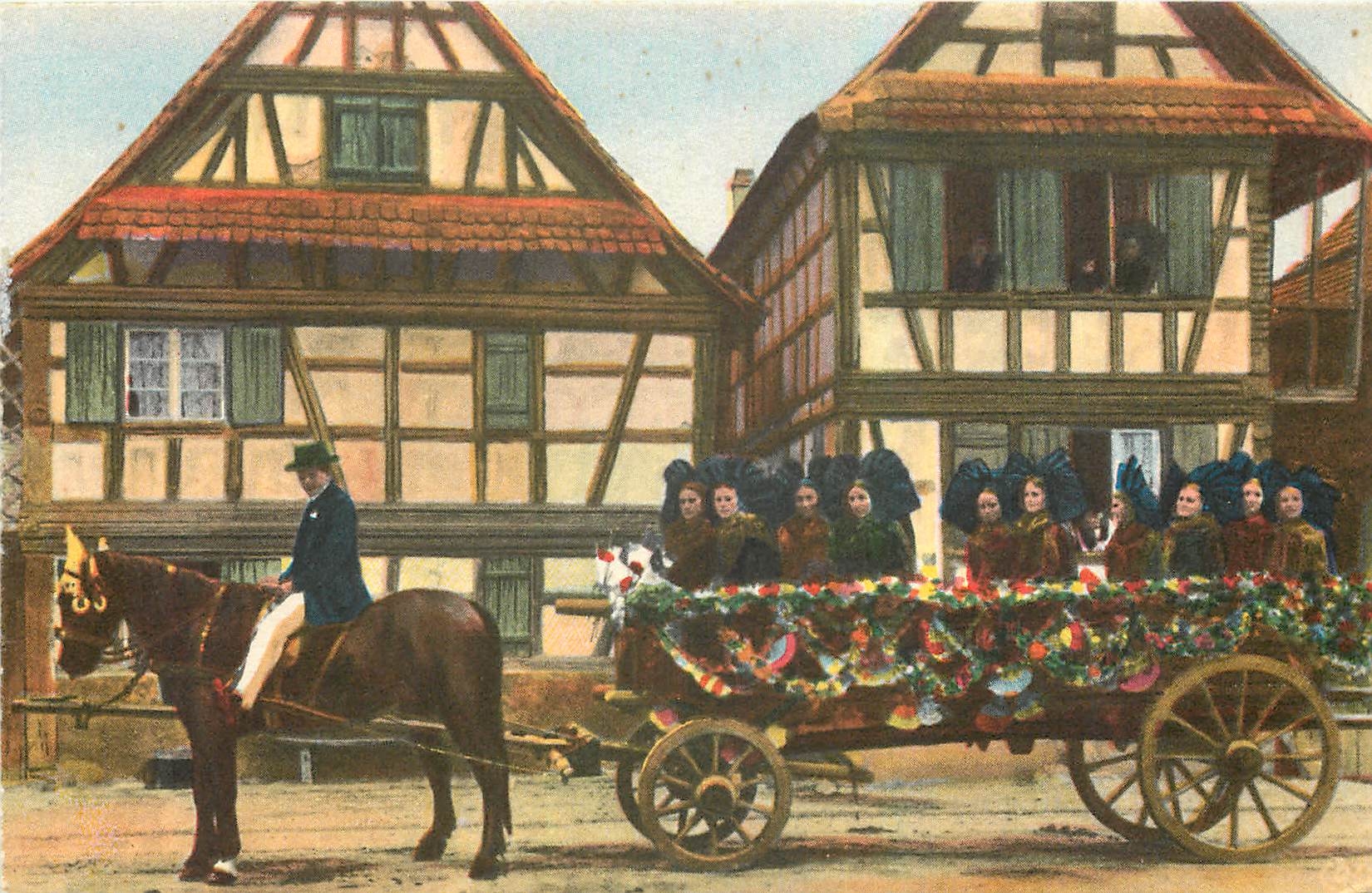 CPA En Route pour la Fete du Village Folklore Alsace