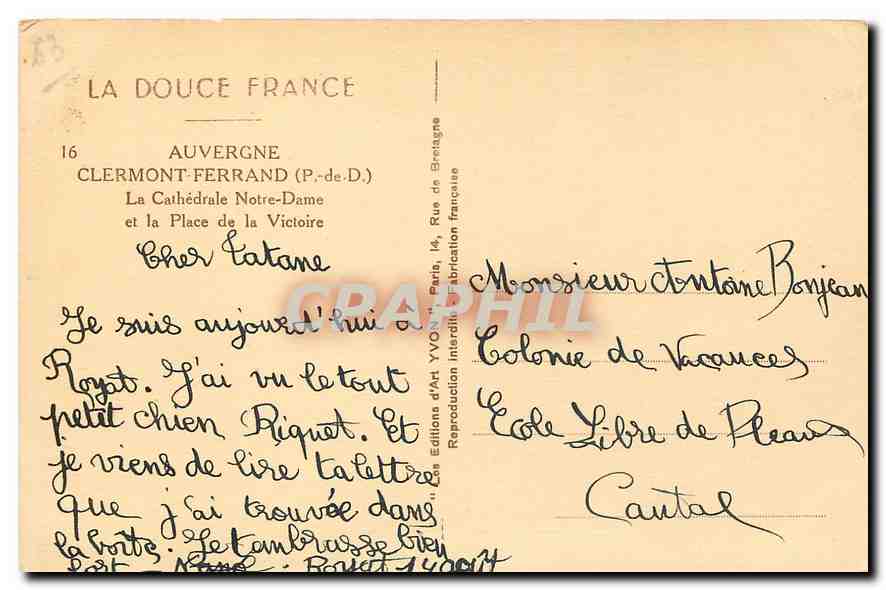CPA Auvergne Clermont ferrand P de D La Cathedrale Notre Dame et la Place de la Victoire  — Rückseite