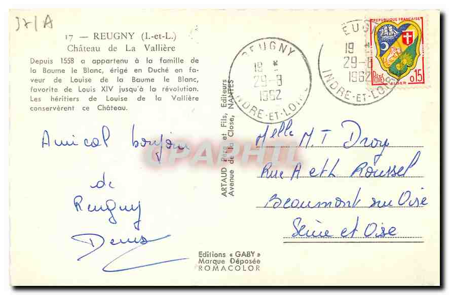 CPM Reugny Chateau de la Valliere  — Rückseite
