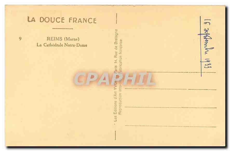 CPA Douce France Reims Marne La Cathedrale Notre Dame  — Rückseite