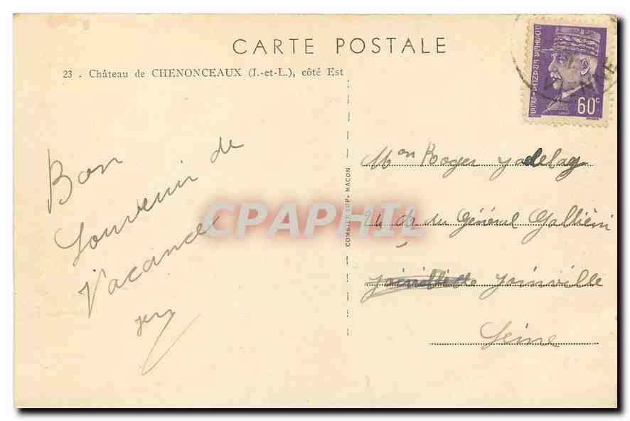 CPA Chateau de Chenonceaux I et L cote Est  — Rückseite