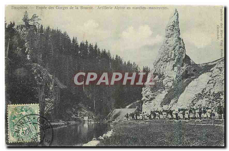 Entrée des Gorges de la Bourne — Artillerie Alpine en manœuvres — Éditeur : Carte de l'Alpe, Grenoble