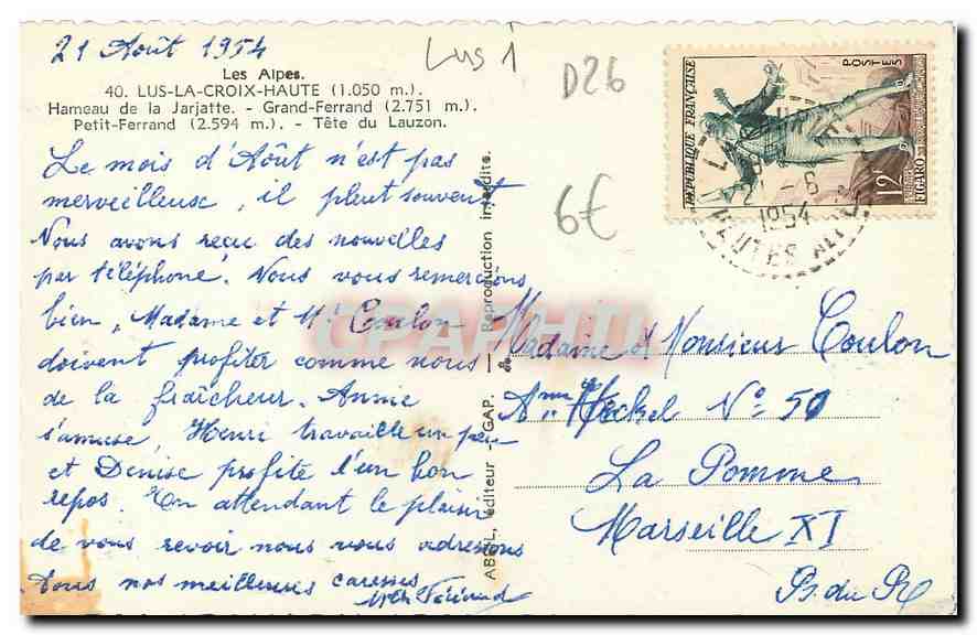 CPM Les Alpes Lus la Croix Haute Hameau de la Jarjatte Grand Ferrand Petit Ferrand Tete du Lauzon  — Rückseite