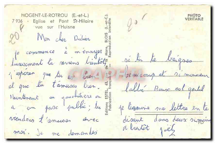 Nogent-le-Rotrou — Église et Pont Saint-Hilaire — Éditeur Estel — Rückseite