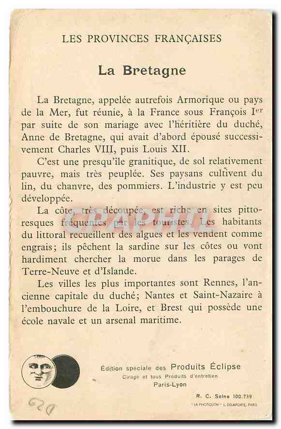 CPA Bretagne Les Provinces Francaises  — Rückseite