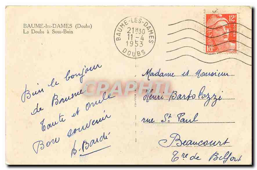 CPA Baume les Dames Doubs Le Doubs a Sous Buin  — Back