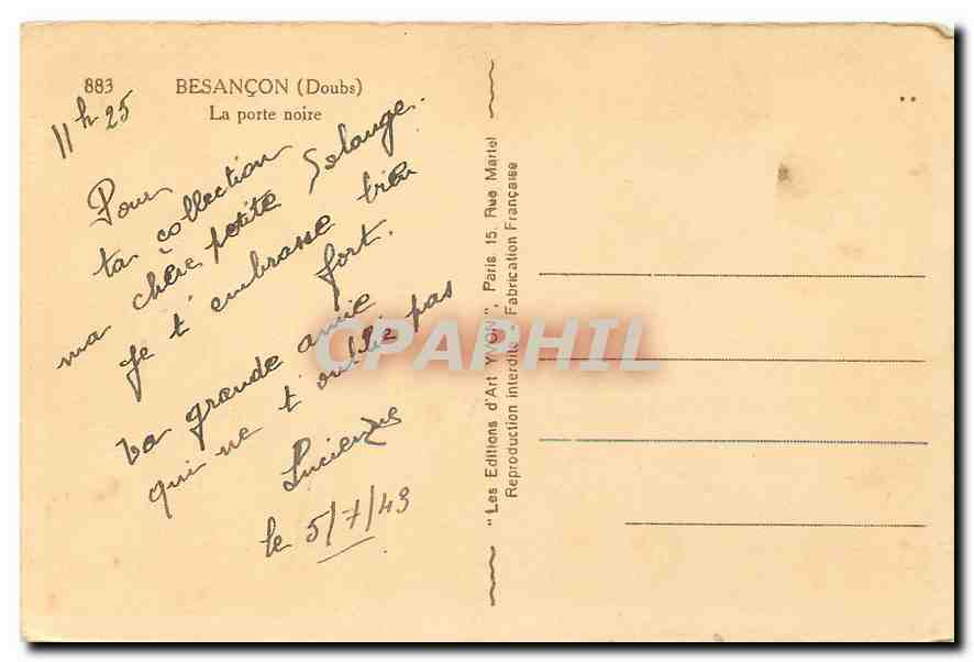 CPA Besancon Doubs La porte noire  — Rückseite