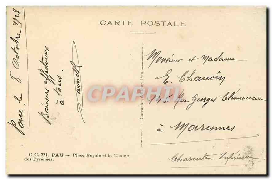 CPA Pau Place Royale et la Chaine des Pyrenees  — Verso