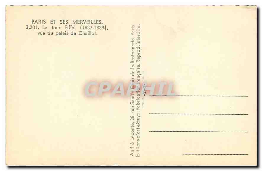 CPM Paris et ses Merveilles  La tour Eiffel vue du palais de Chaillot  — Rückseite